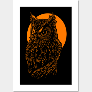 Orange Owl design in front of orange full moon. Posters and Art